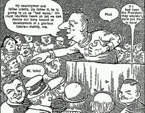 Cartoon from 1964 edition of Esquire Magazine depicting the former late president of France, Charles de Gaulle , speaking to white world leaders including Moshe Dayan and others from Israel and other places, pointing to the Honorable Elijah Muhammad and declaring: "Were it not for this man, we would have a glorious future."