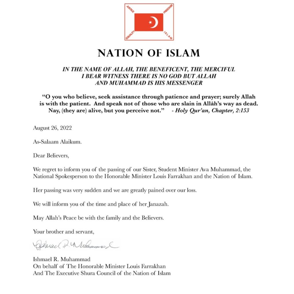 Official statement of The Nation of Islam on the passing of Student Minister Ava Muhammad